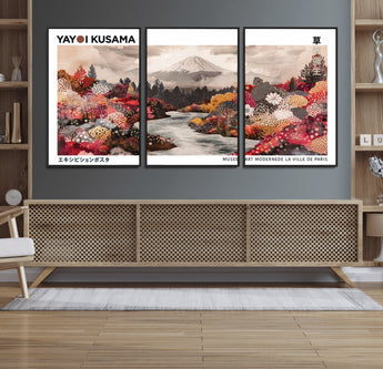 32352074-MGV-FC-60X30-3P_Black-Japanese Landscape Wall Art – Mount Fuji River Canvas Print, Modern Asian Inspired Nature Decor for Living Room, Bedroom, Office