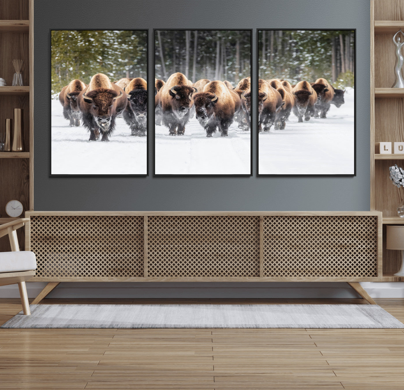 22695857-MGV-CV-36X24-Bison Herd Scene Wall Art Canvas Print, Framed Western Wildlife Art Picture Print, Rustic Animal Art Perfect Rustic Lodge Decor