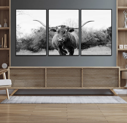 97280319-MGV-FC-60X30-3P_Black-Longhorn Photography Wall Art Canvas Print, Framed Western Cow Decor Art Picture Print, Texas Ranch Style Perfect Rustic Farmhouse