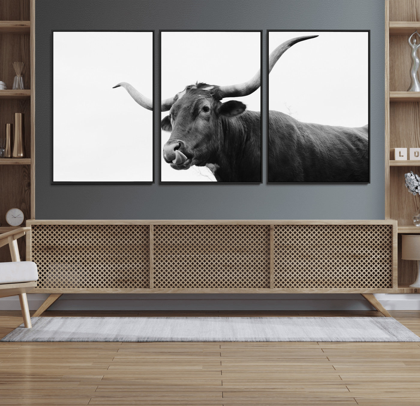 99244177-MGV-FC-60X30-3P_Black-Longhorn Photography Wall Art Canvas Print, Framed Western Cow Decor Art Picture Print, Black White Bull Perfect Modern Rustic