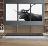 99244177-MGV-FC-60X30-3P_Black-Longhorn Photography Wall Art Canvas Print, Framed Western Cow Decor Art Picture Print, Black White Bull Perfect Modern Rustic