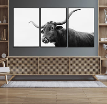 99244177-MGV-FC-60X30-3P_Black-Longhorn Photography Wall Art Canvas Print, Framed Western Cow Decor Art Picture Print, Black White Bull Perfect Modern Rustic