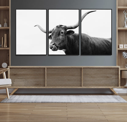 99244177-MGV-FC-60X30-3P_Black-Longhorn Photography Wall Art Canvas Print, Framed Western Cow Decor Art Picture Print, Black White Bull Perfect Modern Rustic