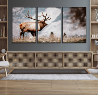 70489411-MGV-FC-60X30-3P_Black-Elk Photography Wall Art Canvas Print, Framed Mountain Wildlife Art Picture Print, Rustic Nature Decor Perfect Rustic Lodge Decor
