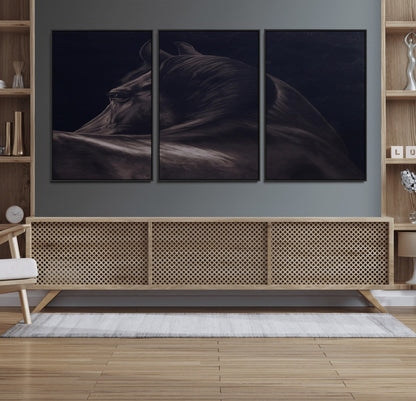 67026880-MGV-CV-36X24-Black Horse Portrait Wall Art Canvas Print, Framed Moody Horse Decor Art Picture Print, Equestrian Wall Style Perfect Masculine