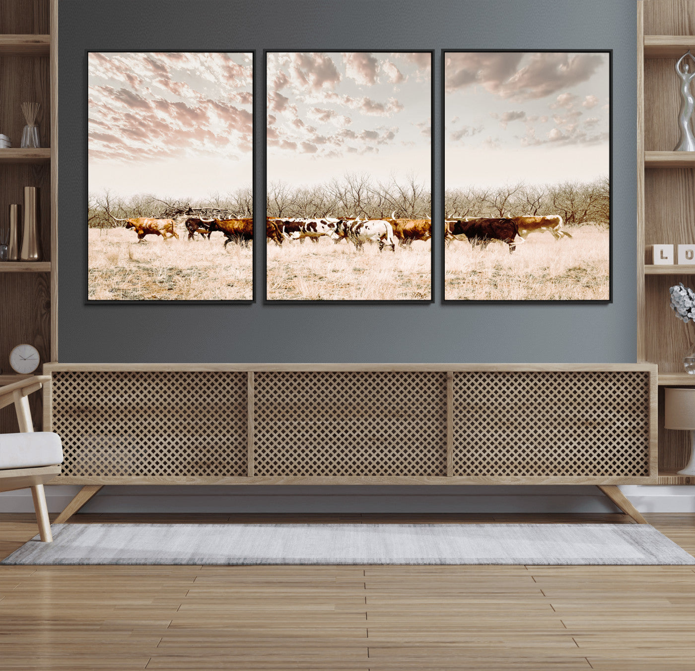 57389417-MGV-FC-60X30-3P_Black-Cow Herd Photography Wall Art Canvas Print, Framed Rustic Farmhouse Decor Art Picture Print, Western Ranch Style Perfect Rustic