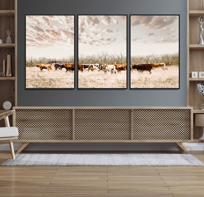 57389417-MGV-FC-60X30-3P_Black-Cow Herd Photography Wall Art Canvas Print, Framed Rustic Farmhouse Decor Art Picture Print, Western Ranch Style Perfect Rustic