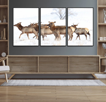 68738684-MGV-CV-36X24-Winter Elk Scene Wall Art Canvas Print, Framed Wildlife Photography Art Picture Print, Snowy Deer Decor Perfect Rustic Lodge Decor