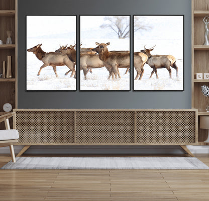 68738684-MGV-CV-36X24-Winter Elk Scene Wall Art Canvas Print, Framed Wildlife Photography Art Picture Print, Snowy Deer Decor Perfect Rustic Lodge Decor