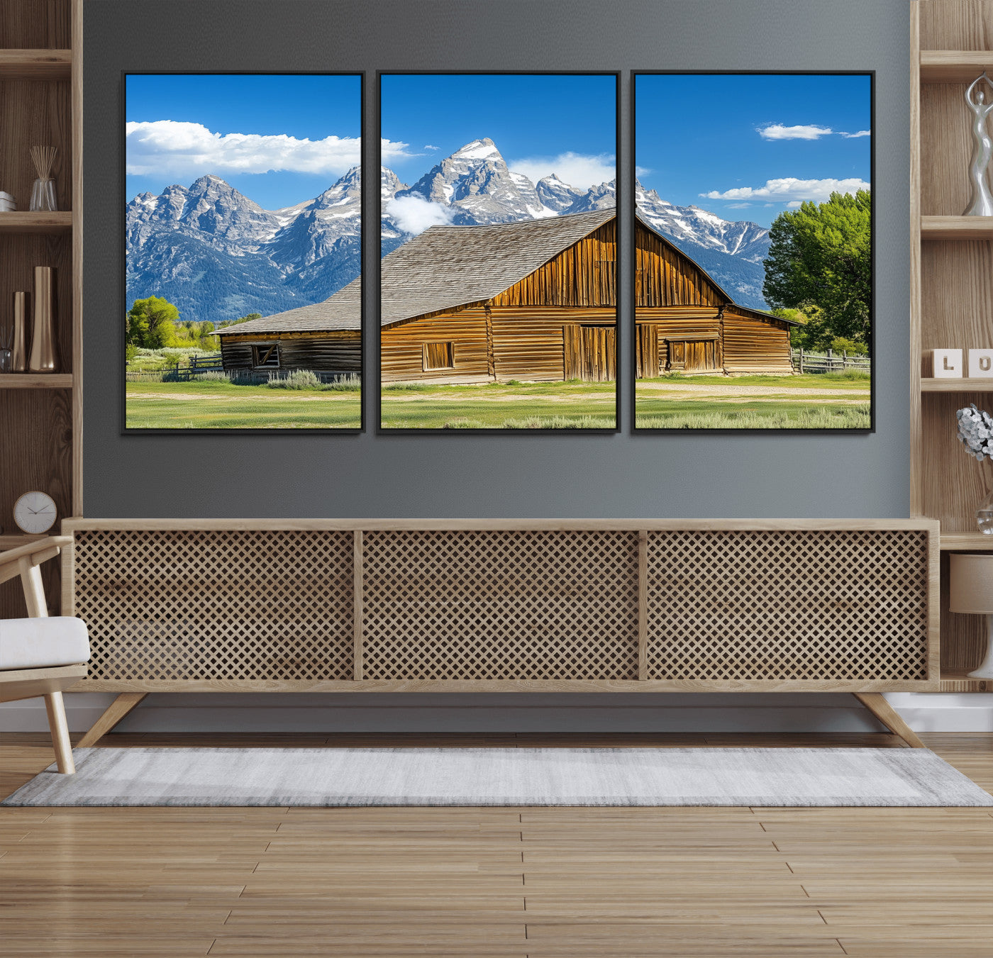 75948467-MGV-CV-36X24-Mountain Barn Scene Wall Art Canvas Print, Framed Rustic Farmhouse Style Art Picture Print, Country Cabin Decor Perfect Rustic