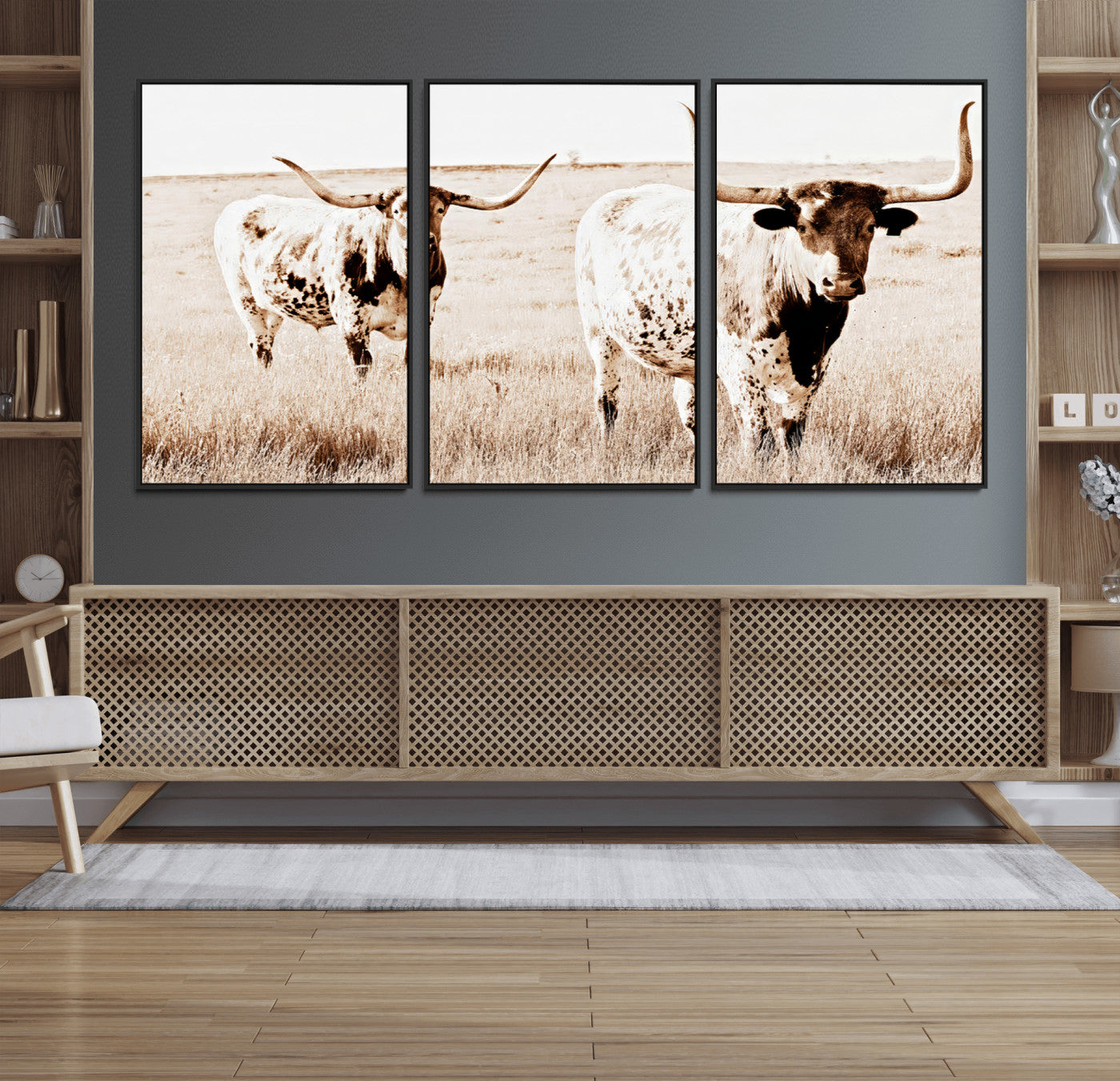 39672786-MGV-CV-36X24-Rustic Cow Scene Wall Art Canvas Print, Framed Farmhouse Style Cattle Art Picture Print, Prairie Animal Duo Perfect Rustic Western