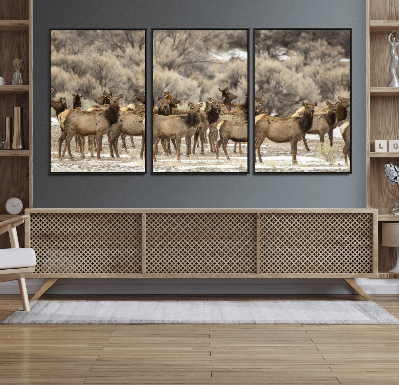 90269422-MGV-CV-36X24-Elk Herd Scene Wall Art Canvas Print, Framed Rustic Wildlife Decor Art Picture Print, Western Cabin Style Perfect Rustic Lodge