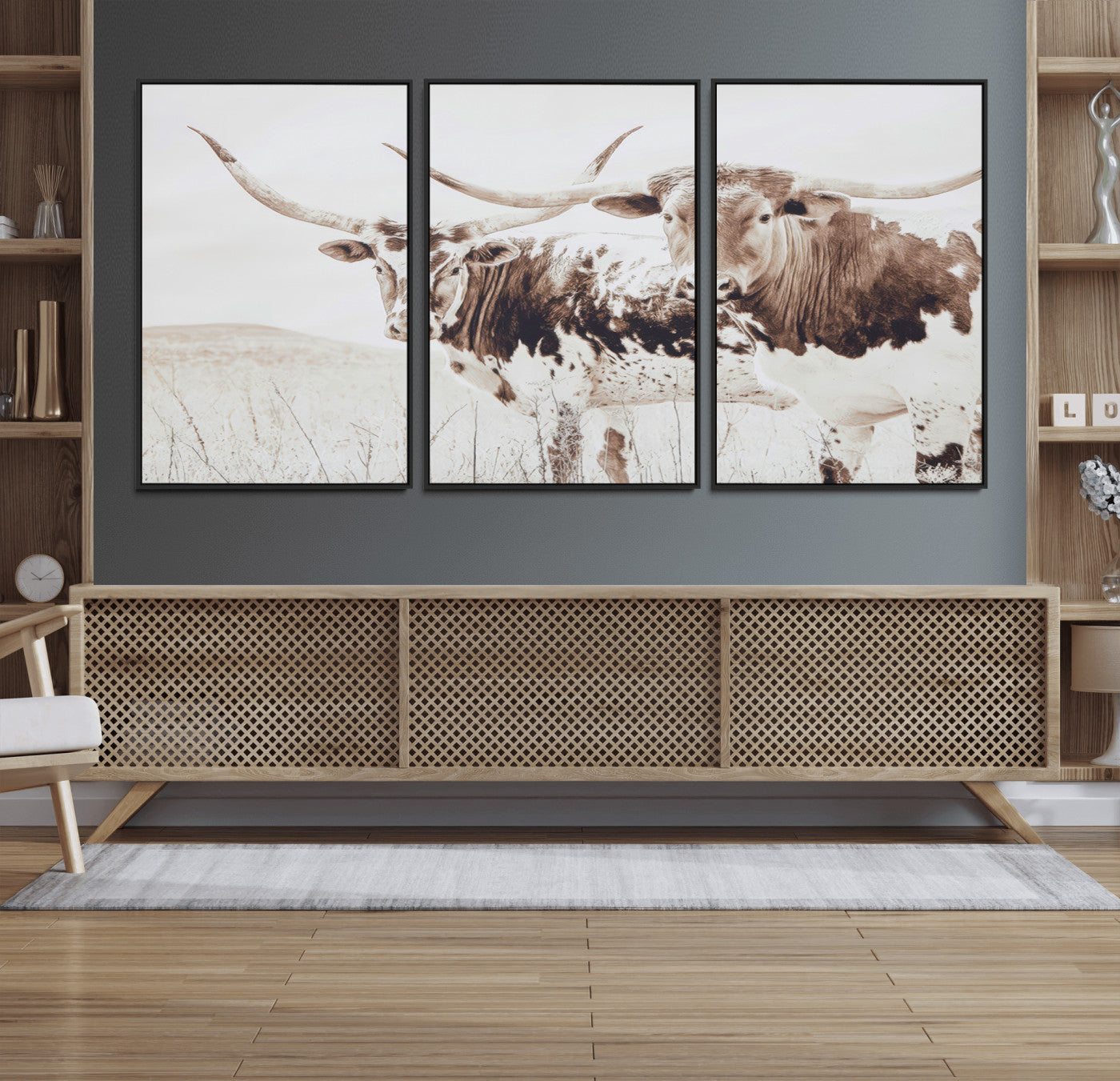 48161868-MGV-FC-60X30-3P_Black-Longhorn Cow Decor Wall Art Canvas Print, Framed Rustic Cattle Art Picture Print, Sepia Western Vibe Perfect Neutral Rustic