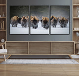 41669135-MGV-CV-36X24-Bison Herd Scene Wall Art Canvas Print, Framed Rustic Wildlife Decor Art Picture Print, Snowy Bison Landscape Perfect Rustic