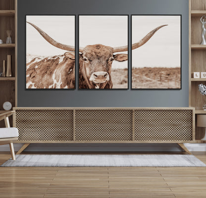 77810049-MGV-FC-60X30-3P_Black-Longhorn Bull Photo Wall Art Canvas Print, Framed Rustic Cow Decor Art Picture Print, Neutral Farmhouse Style Perfect Rustic