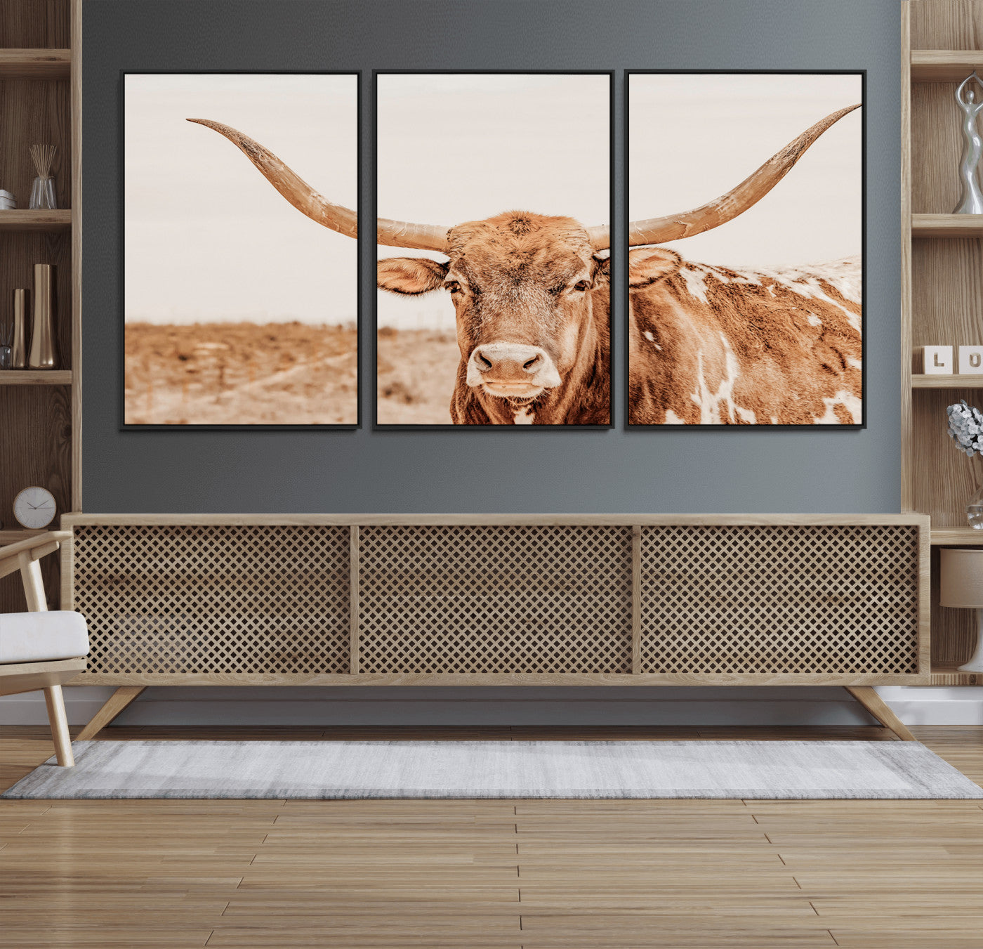 74406977-MGV-CV-36X24-Longhorn Bull Decor Wall Art Canvas Print, Framed Western Cow Theme Art Picture Print, Rustic Farmhouse Wall Perfect Neutral