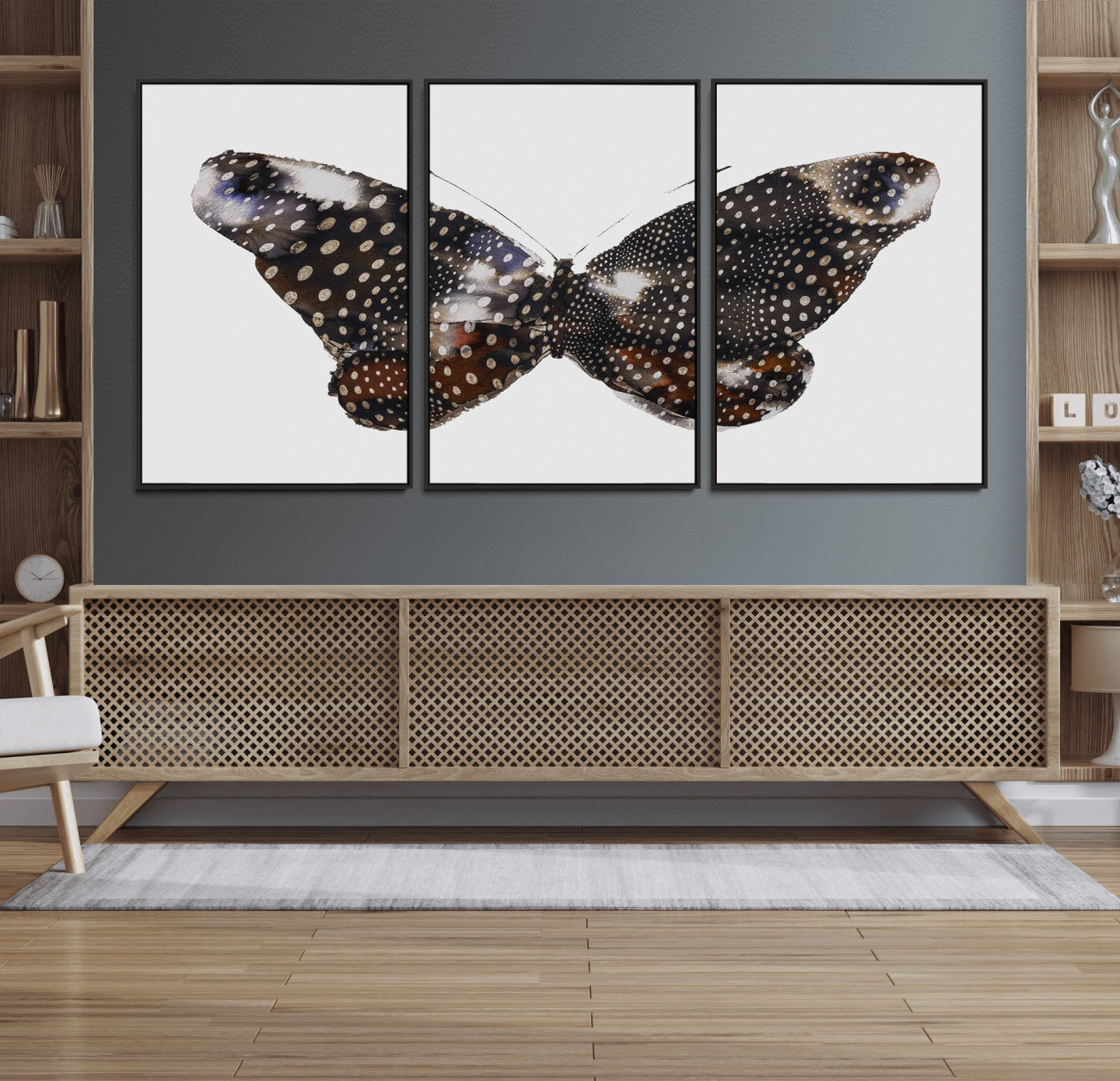 99831147-MGV-FC-60X30-3P_Black-Spotted Butterfly Wall Art Canvas Print, Framed Neutral Insect Theme Art Picture Print, Earthy Wing Pattern Perfect Modern Rustic