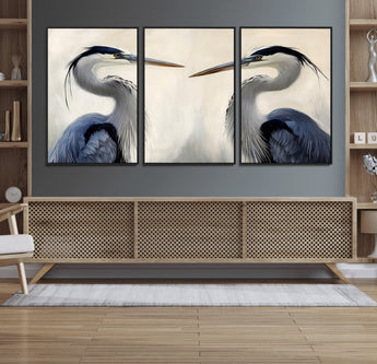 18230556-MGV-FC-60X30-3P_Black-Blue Heron Pair Wall Art Canvas Print, Framed Coastal Bird Theme Art Picture Print, Tranquil Wildlife Scene Perfect Coastal