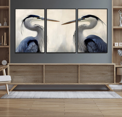 18230556-MGV-FC-60X30-3P_Black-Blue Heron Pair Wall Art Canvas Print, Framed Coastal Bird Theme Art Picture Print, Tranquil Wildlife Scene Perfect Coastal