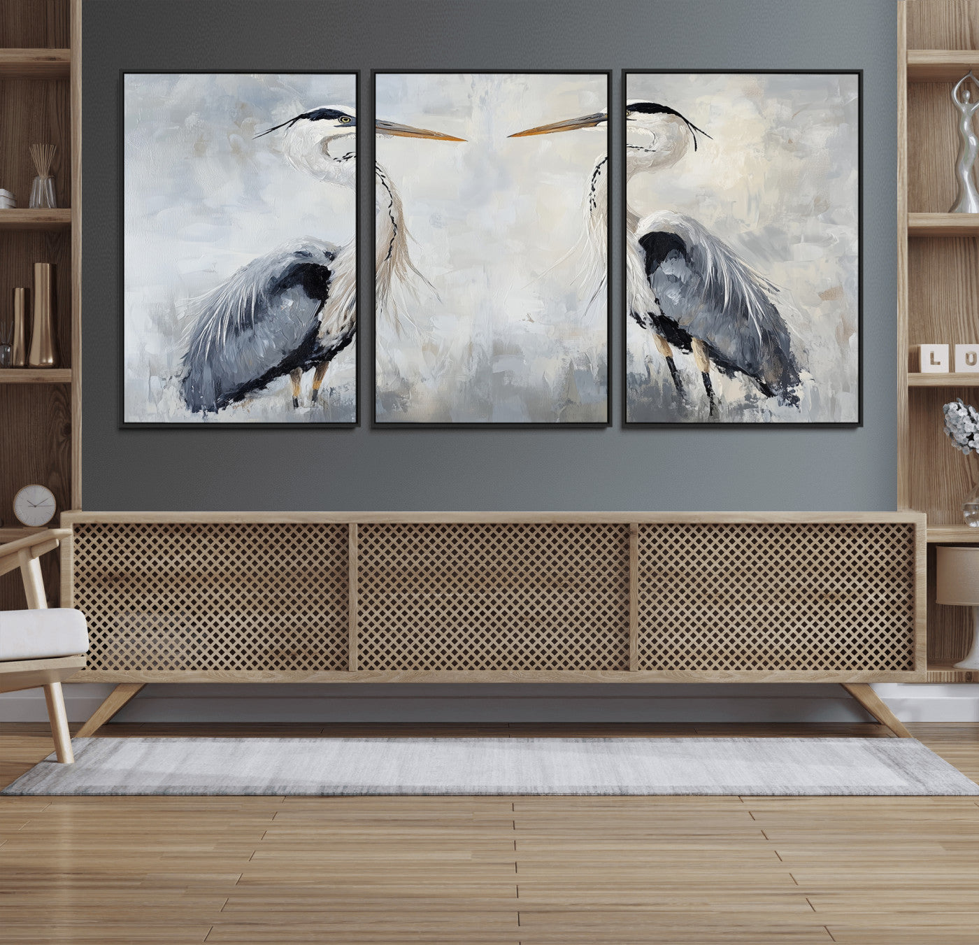 90806932-MGV-FC-60X30-3P_Black-Heron Wall Art Wall Art Canvas Print, Framed Bird Canvas Decor Art Picture Print, Nature Inspired Perfect Coastal Minimalist Decor