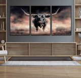 71457818-MGV-FC-60X30-3P_Black-Longhorn Wall Art Wall Art Canvas Print, Framed Western Bull Canvas Art Picture Print, Rustic Cow Decor Perfect Western Dramatic
