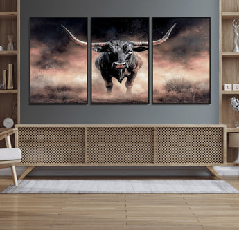 71457818-MGV-FC-60X30-3P_Black-Longhorn Wall Art Wall Art Canvas Print, Framed Western Bull Canvas Art Picture Print, Rustic Cow Decor Perfect Western Dramatic