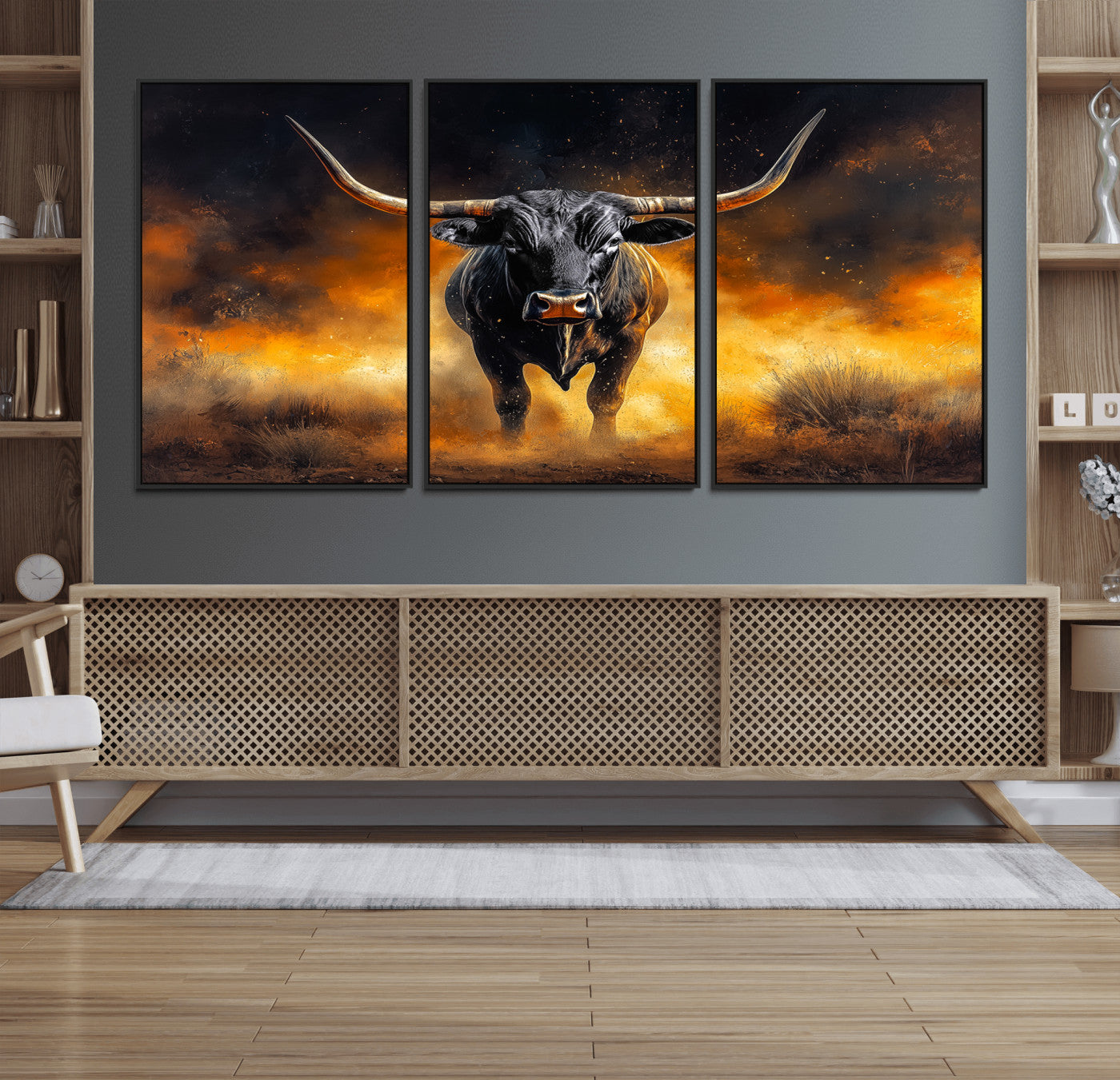 58293979-MGV-FC-60X30-3P_Black-Longhorn Canvas Wall Art Canvas Print, Framed Bold Bull Wall Art Art Picture Print, Western Animal Decor Perfect Western Dramatic