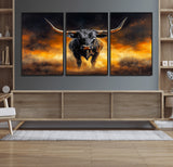 58293979-MGV-FC-60X30-3P_Black-Longhorn Canvas Wall Art Canvas Print, Framed Bold Bull Wall Art Art Picture Print, Western Animal Decor Perfect Western Dramatic