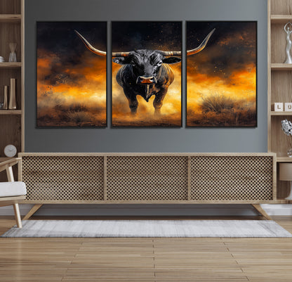 58293979-MGV-FC-60X30-3P_Black-Longhorn Canvas Wall Art Canvas Print, Framed Bold Bull Wall Art Art Picture Print, Western Animal Decor Perfect Western Dramatic