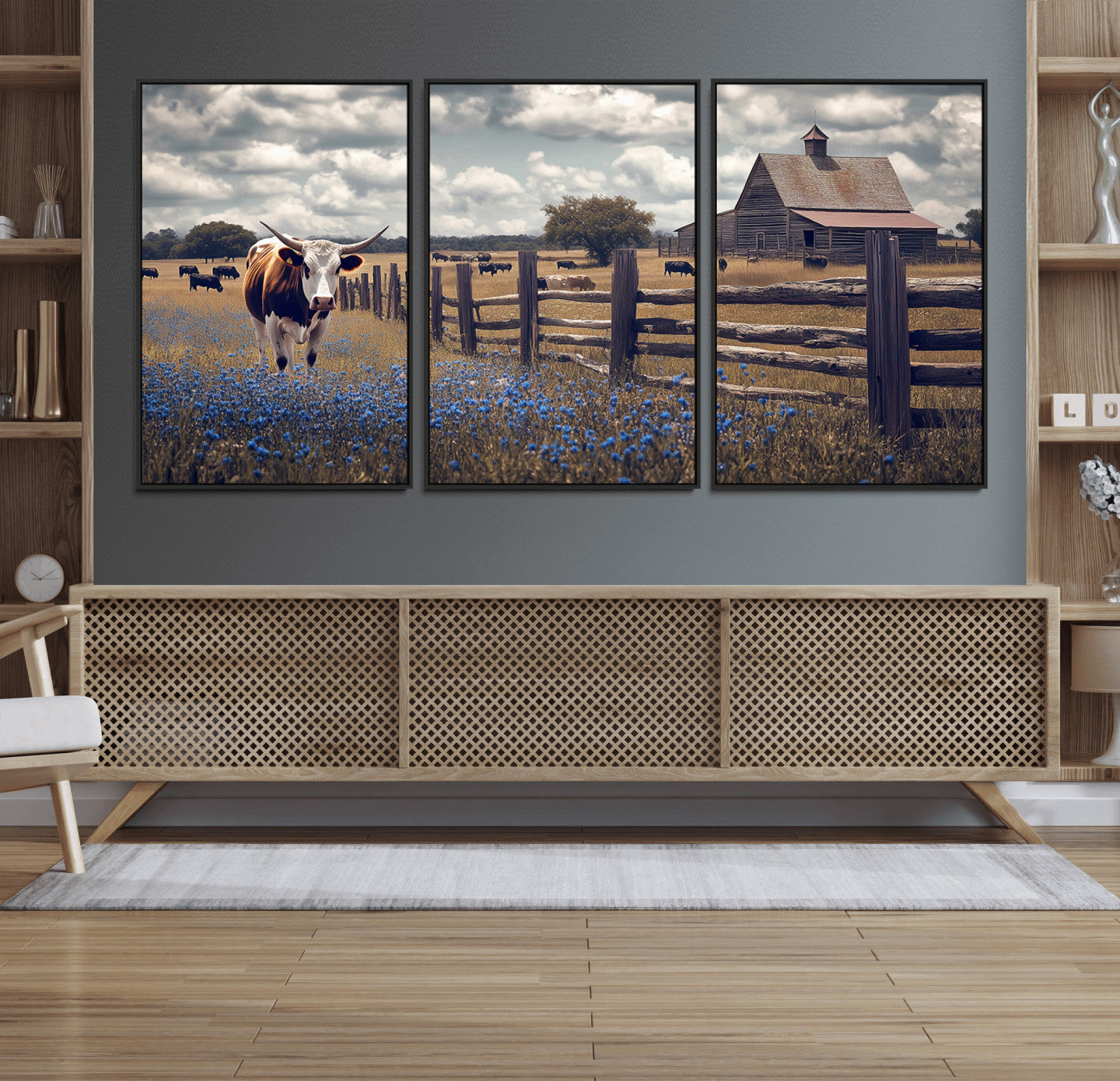 22296025-MGV-FC-60X30-3P_Black-Texas Longhorn Canvas Wall Art Canvas Print, Framed Rustic Barn Wall Art Art Picture Print, Farmhouse Cow Decor Perfect Rustic