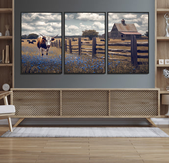22296025-MGV-FC-60X30-3P_Black-Texas Longhorn Canvas Wall Art Canvas Print, Framed Rustic Barn Wall Art Art Picture Print, Farmhouse Cow Decor Perfect Rustic