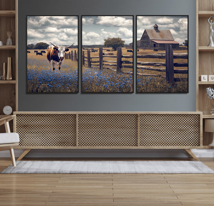 22296025-MGV-FC-60X30-3P_Black-Texas Longhorn Canvas Wall Art Canvas Print, Framed Rustic Barn Wall Art Art Picture Print, Farmhouse Cow Decor Perfect Rustic