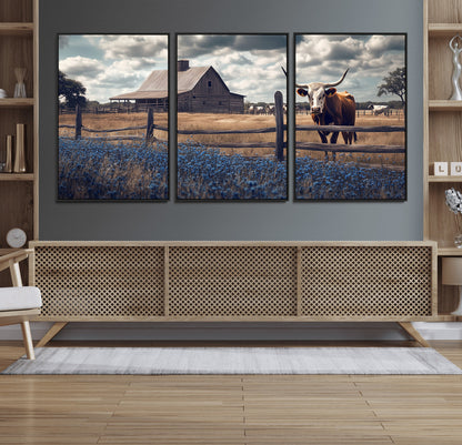 51092814-MGV-FC-60X30-3P_Black-Texas Longhorn Wall Art Wall Art Canvas Print, Framed Rustic Barn Canvas Art Picture Print, Farmhouse Cow Decor Perfect Rustic