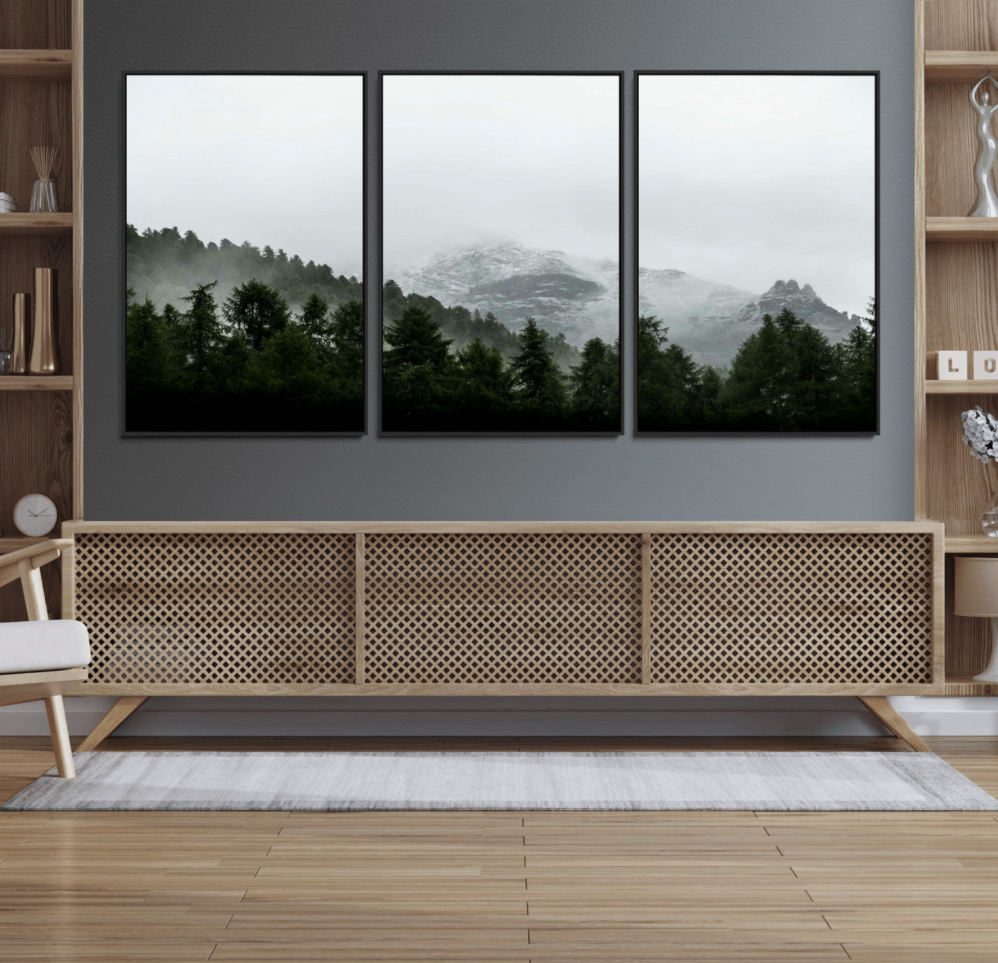 55968349-MGV-FC-60X30-3P_Black-Misty Mountains Wall Art Canvas Print, Framed Foggy Forest Art Picture Print, Snowy Peaks Perfect Moody Wilderness Decor Artwork