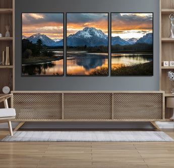 14130176-MGV-FC-60X30-3P_Black-Mountain Sunset Wall Art Canvas Print, Framed Alpine Wilderness Art Picture Print, Golden Hour Perfect Rustic Wilderness Decor