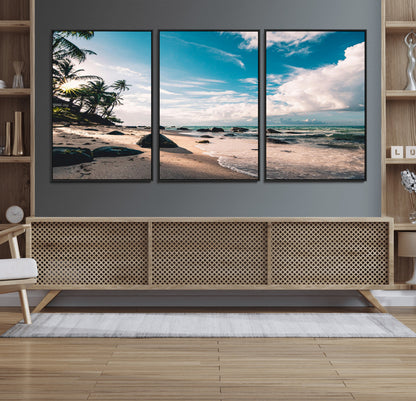95301406-MGV-FC-60X30-3P_Black-Tropical Beach Wall Art Canvas Print, Framed Ocean Waves Art Picture Print, Relazxing Seascape Perfect Tropical Coastal Decor