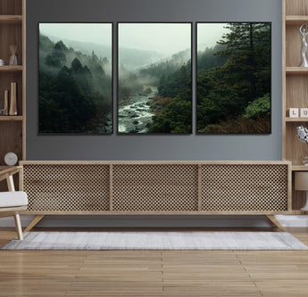 48497565-MGV-FC-60X30-3P_Black-Misty Forest Wall Art Canvas Print, Framed Foggy River Art Picture Print, Moody Landscape Perfect Moody Wilderness Decor Artwork