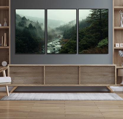 48497565-MGV-FC-60X30-3P_Black-Misty Forest Wall Art Canvas Print, Framed Foggy River Art Picture Print, Moody Landscape Perfect Moody Wilderness Decor Artwork