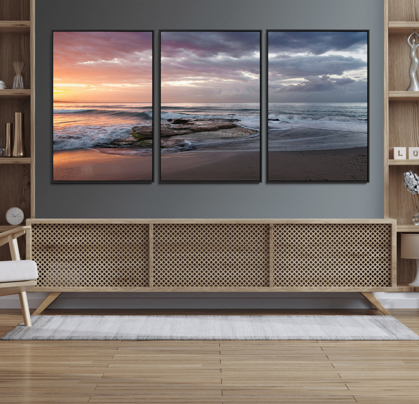 94208089-MGV-FC-60X30-3P_Black-Golden Hour Wall Art Canvas Print, Framed Tranquil Waves Art Picture Print, Beach Horizon Perfect Coastal Serenity Decor Artwork