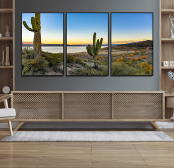 52844711-MGV-FC-60X30-3P_Black-Saguaro Cactus Wall Art Canvas Print, Framed Desert Sunset Art Picture Print, Southwestern Scene Perfect Southwestern Rustic Decor