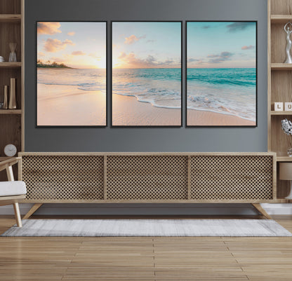 94538225-MGV-FC-60X30-3P_Black-Beach Sunset Wall Art Canvas Print, Framed Ocean Waves Art Picture Print, Summer Escape Perfect Coastal Serenity Decor Artwork