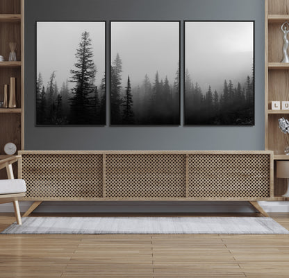 73138900-MGV-FC-60X30-3P_Black-Misty Pines Wall Art Canvas Print, Framed Woodland Photography Art Picture Print, Minimalist Decor Perfect Modern Rustic Decor