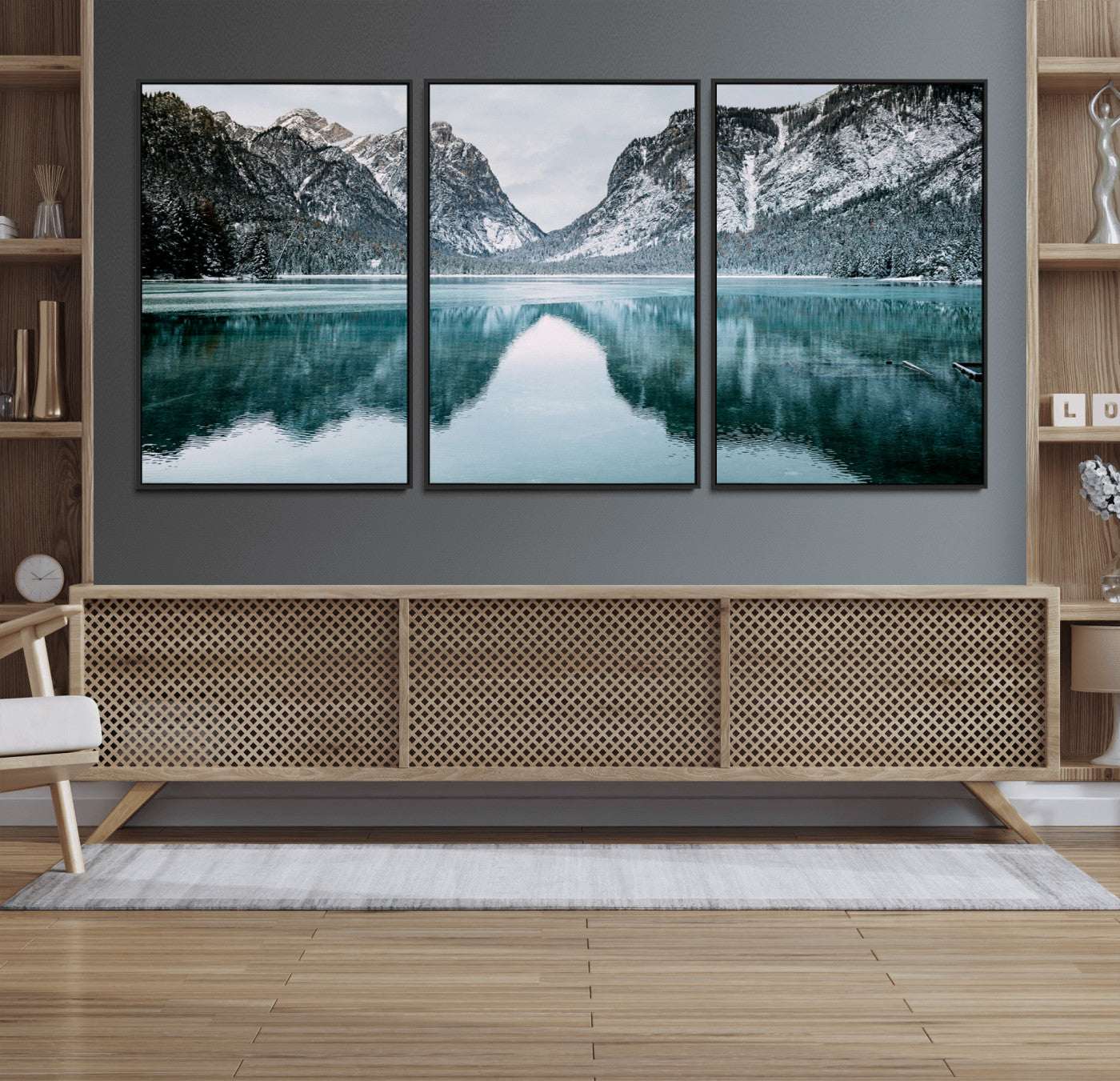 73098373-MGV-FC-60X30-3P_Black-Mountain Lake Wall Art Canvas Print, Framed Winter Wonderland Art Picture Print, Snowy Peaks Perfect Modern Nature Decor Artwork