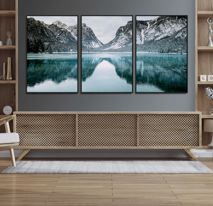 73098373-MGV-FC-60X30-3P_Black-Mountain Lake Wall Art Canvas Print, Framed Winter Wonderland Art Picture Print, Snowy Peaks Perfect Modern Nature Decor Artwork