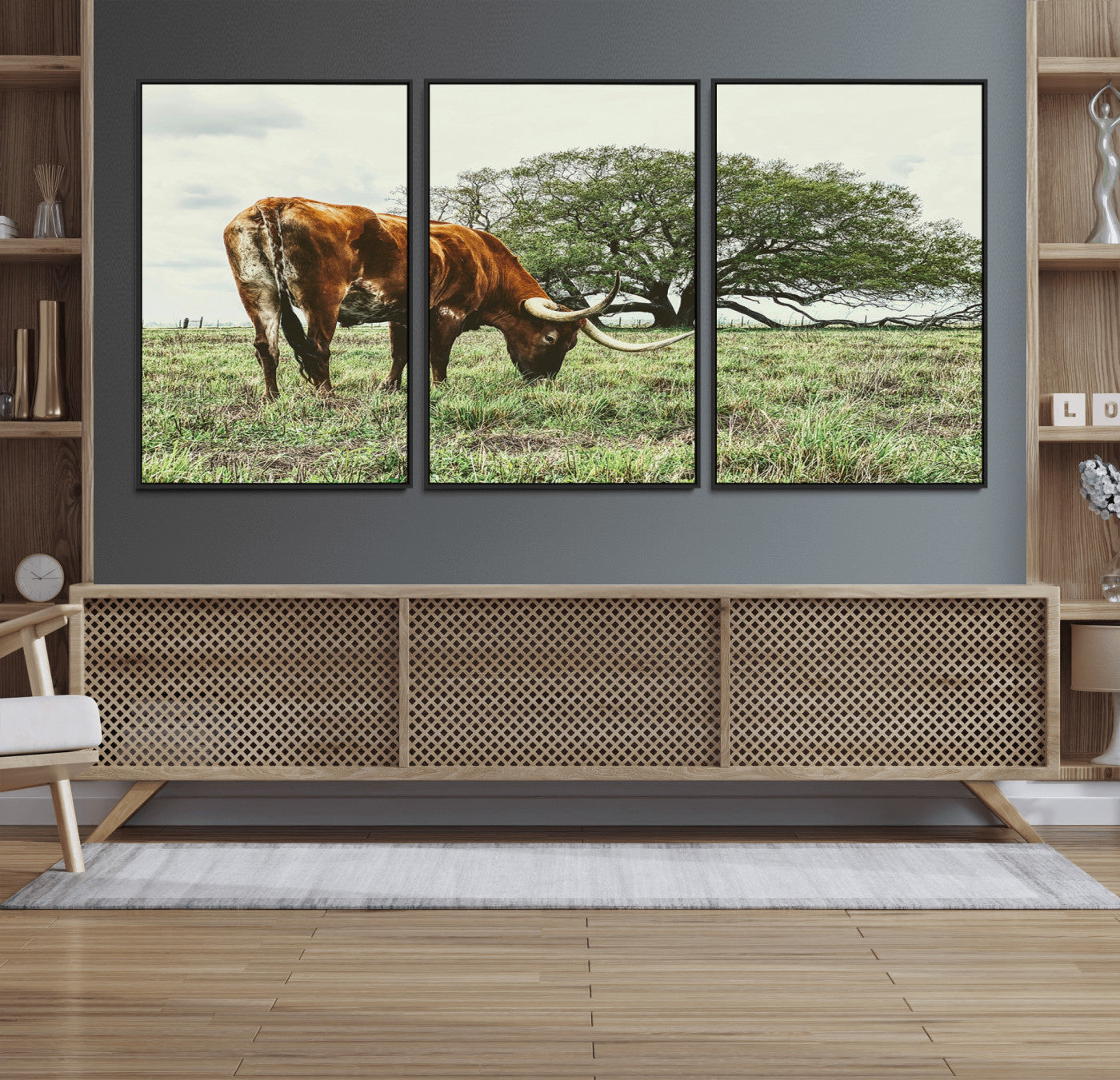 91866234-MGV-FC-60X30-3P_Black-Texas Longhorn Wall Art Canvas Print, Framed Rustic Ranch Art Picture Print, Western Cattle Perfect Rustic Farmhouse Decor Artwork