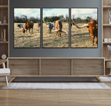 39144651-MGV-FC-60X30-3P_Black-Texas Longhorns Wall Art Canvas Print, Framed Rustic Farm Scene Art Picture Print, Western Cattle Perfect Rustic Farmhouse Decor
