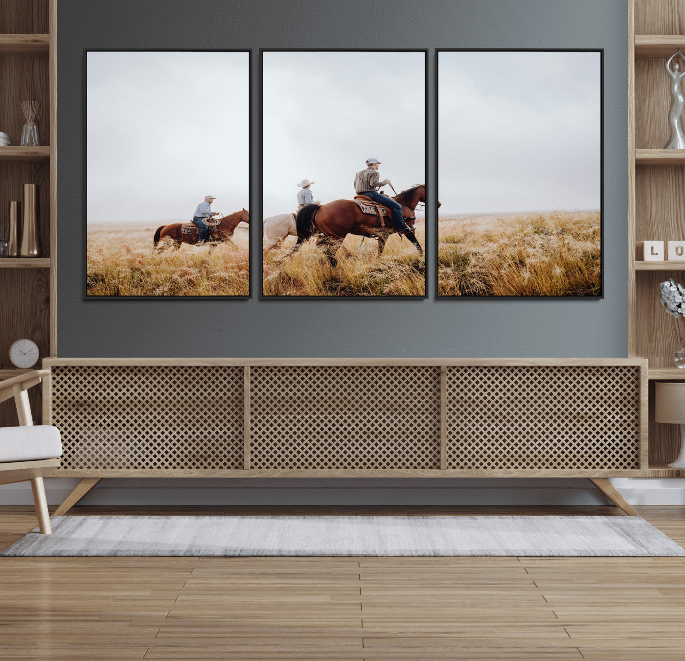 94723307-MGV-FC-60X30-3P_Black-Western Cowboys Wall Art Canvas Print, Framed Rustic Prairie Art Picture Print, Horseback Riding Perfect Rustic Western Decor