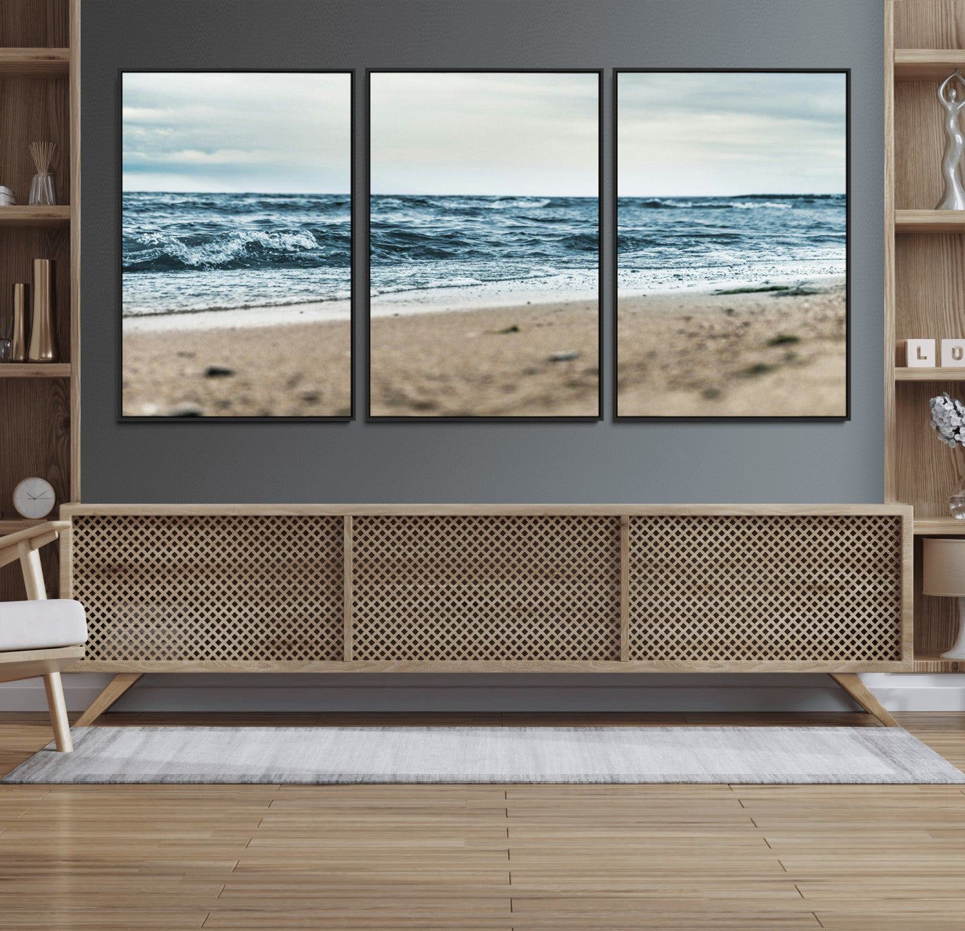 81812590-MGV-FC-60X30-3P_Black-Ocean Wall Art Wall Art Canvas Print, Framed Coastal Canvas Art Picture Print, Moody Seascape Perfect Coastal Minimalist Decor