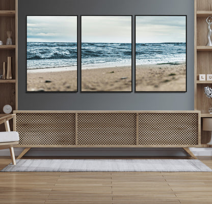 81812590-MGV-FC-60X30-3P_Black-Ocean Wall Art Wall Art Canvas Print, Framed Coastal Canvas Art Picture Print, Moody Seascape Perfect Coastal Minimalist Decor