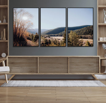 52941305-MGV-FC-60X30-3P_Black-Rustic Landscape Wall Art Canvas Print, Framed Serene Valley Art Picture Print, Pine Tree Horizon Perfect Rustic Cabin Decor